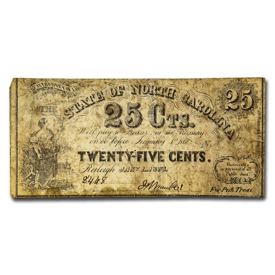 1863 Bank of the State of North Carolina 25 Cents CR-139 VG 1863 Bank of the State of North Carolina 25 Cents CR-139 VG